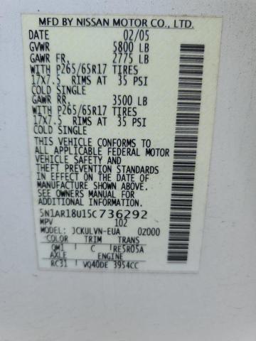 2005 Nissan Pathfinder Le VIN: 5N1AR18U15C736292 Lot: 57266464