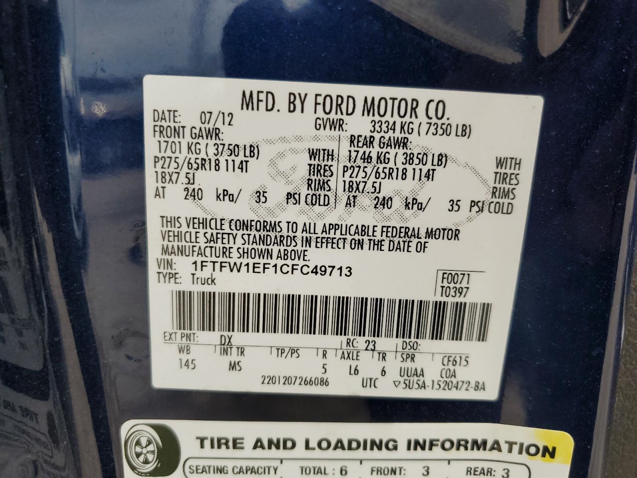 1FTFW1EF1CFC49713 2012 Ford F150 Supercrew