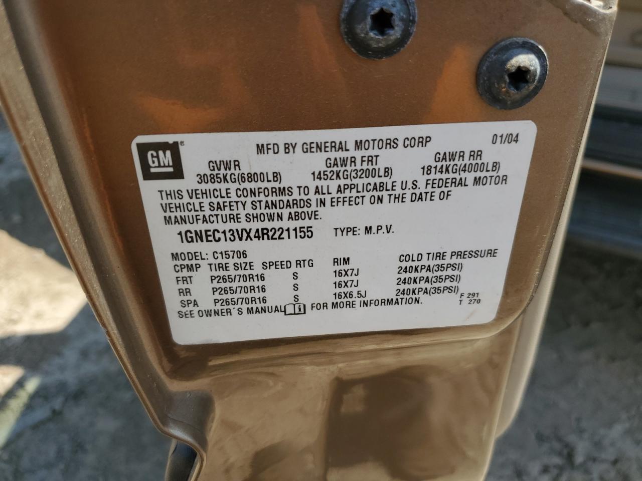 1GNEC13VX4R221155 2004 Chevrolet Tahoe C1500