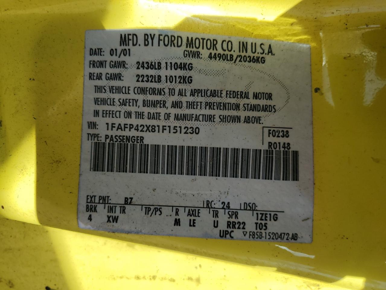 1FAFP42X81F151230 2001 Ford Mustang Gt