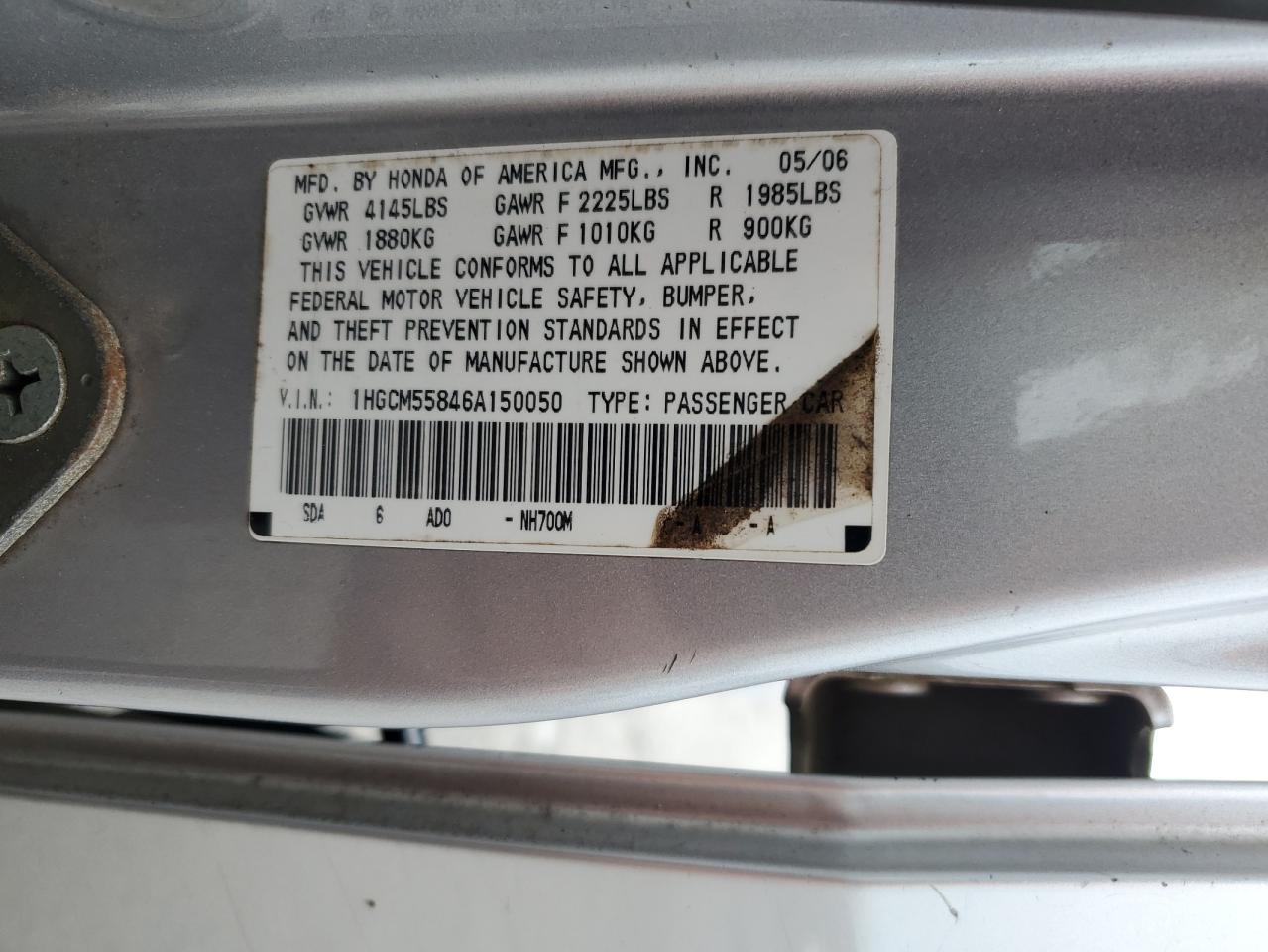 1HGCM55846A150050 2006 Honda Accord Ex