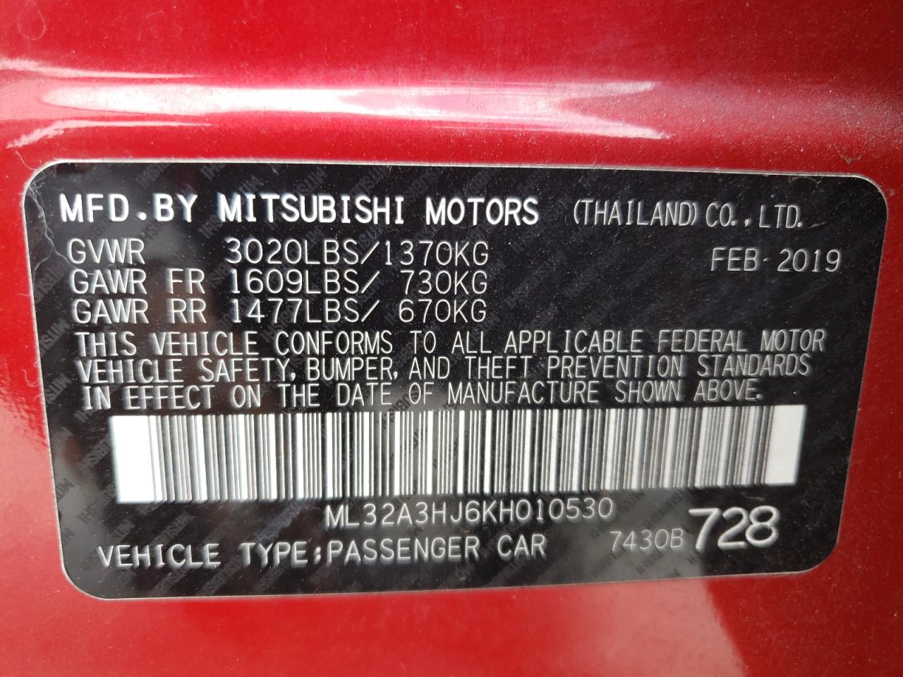 ML32A3HJ6KH010530 2019 Mitsubishi Mirage Es