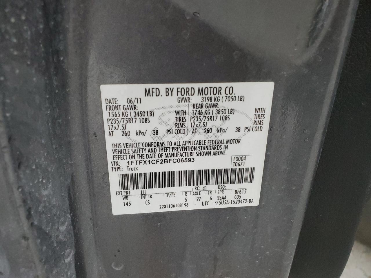 1FTFX1CF2BFC06593 2011 Ford F150 Super Cab