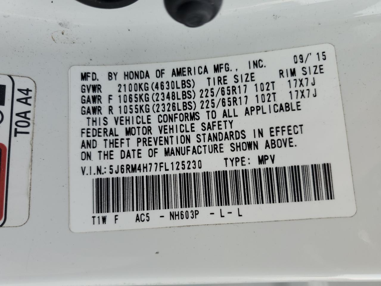 5J6RM4H77FL125230 2015 Honda Cr-V Exl