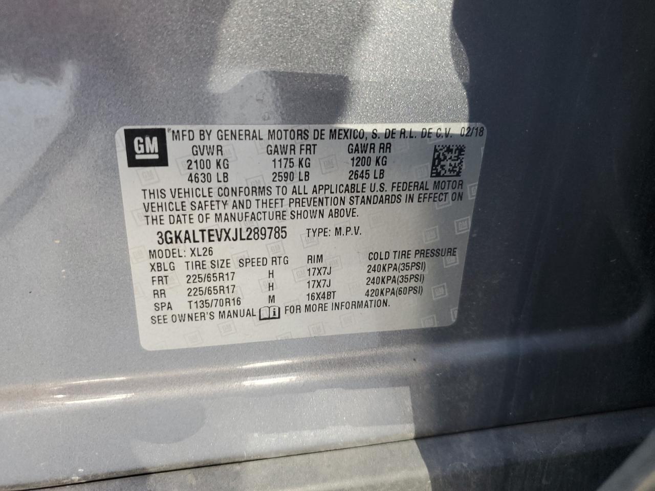 3GKALTEVXJL289785 2018 GMC Terrain Sle