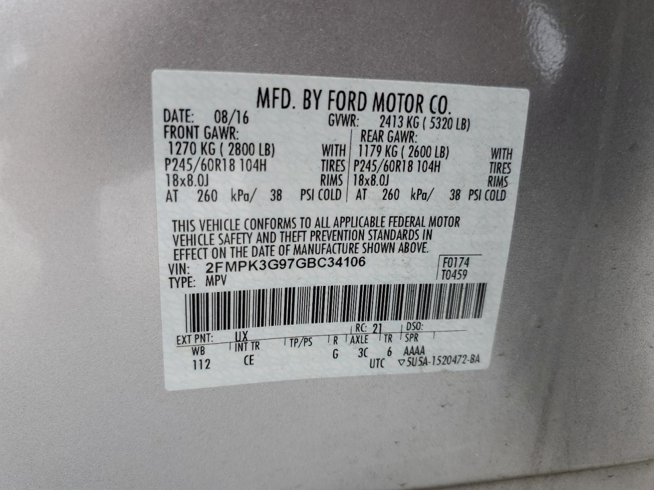 2FMPK3G97GBC34106 2016 Ford Edge Se