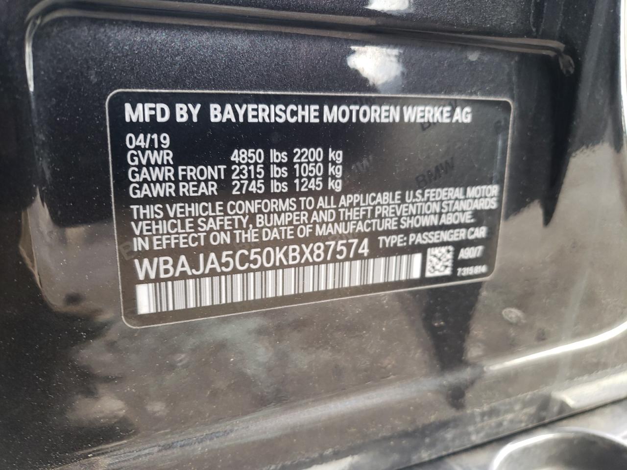 WBAJA5C50KBX87574 2019 BMW 530 I