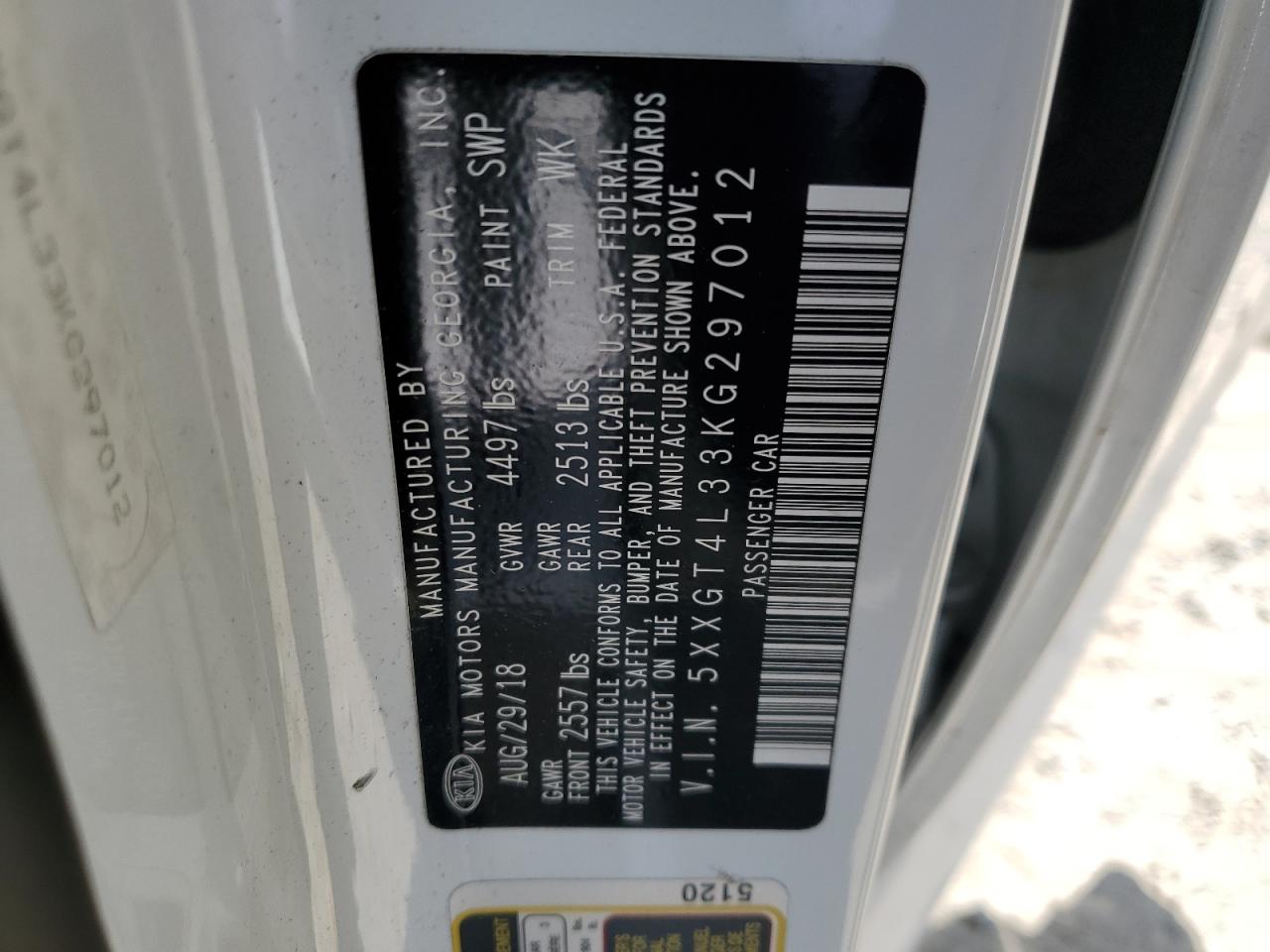 5XXGT4L33KG297012 2019 Kia Optima Lx