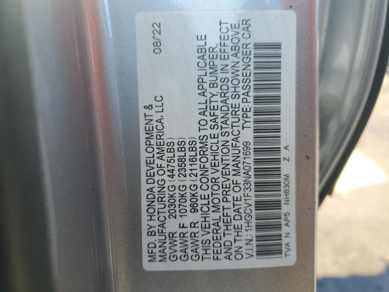 1HGCV1F33NA071699 2022 Honda Accord Sport