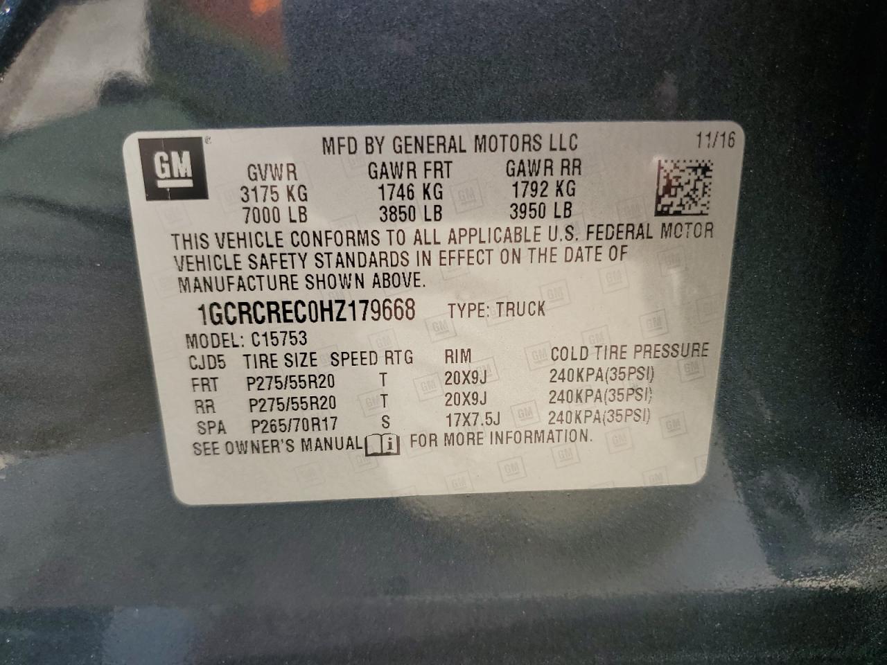 1GCRCREC0HZ179668 2017 Chevrolet Silverado C1500 Lt