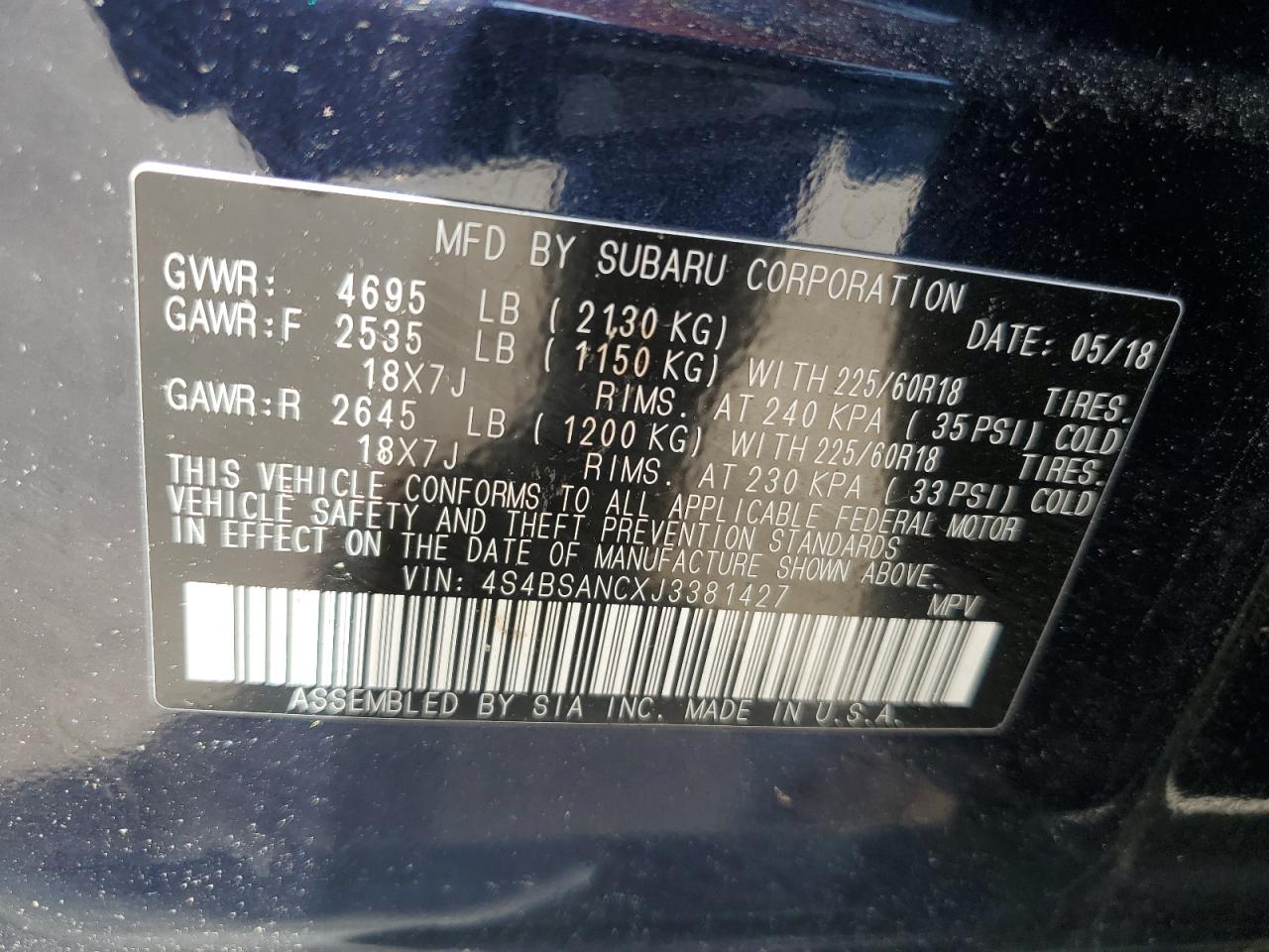 4S4BSANCXJ3381427 2018 Subaru Outback 2.5I Limited