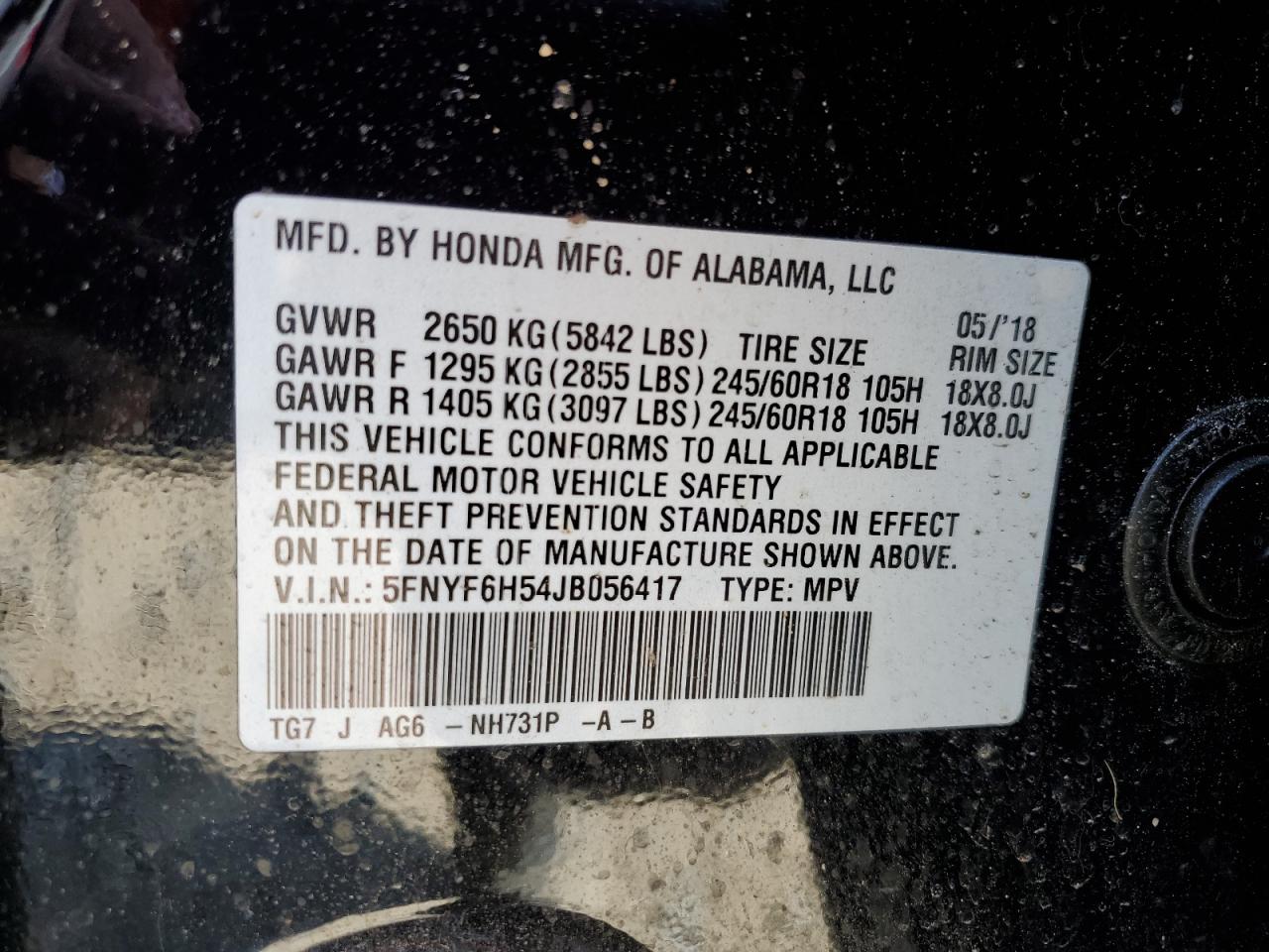 5FNYF6H54JB056417 2018 Honda Pilot Exl