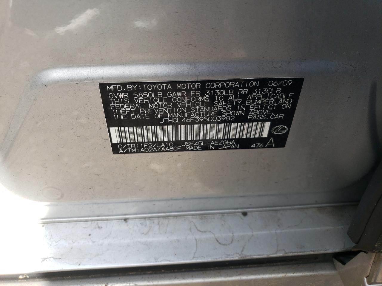 JTHCL46F395003982 2009 Lexus Ls 460