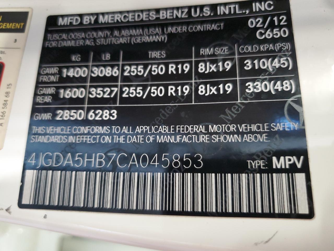 4JGDA5HB7CA045853 2012 Mercedes-Benz Ml 350 4Matic