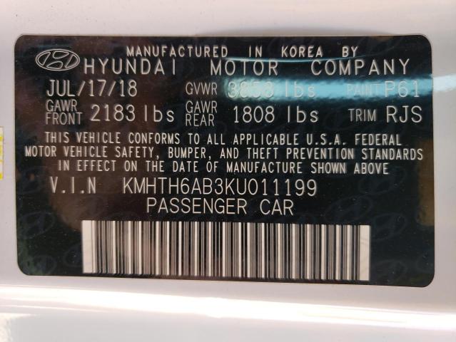 2019 Hyundai Veloster Turbo VIN: KMHTH6AB3KU011199 Lot: 58739324