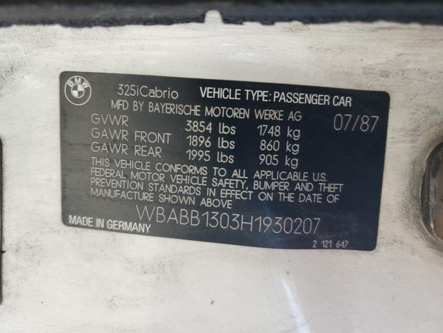 1987 BMW 325 I VIN: WBABB1303H1930207 Lot: 58178434