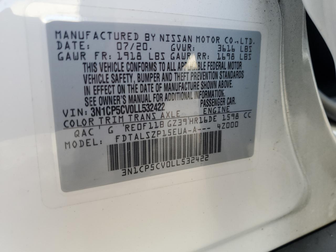 3N1CP5CV0LL532422 2020 Nissan Kicks Sv