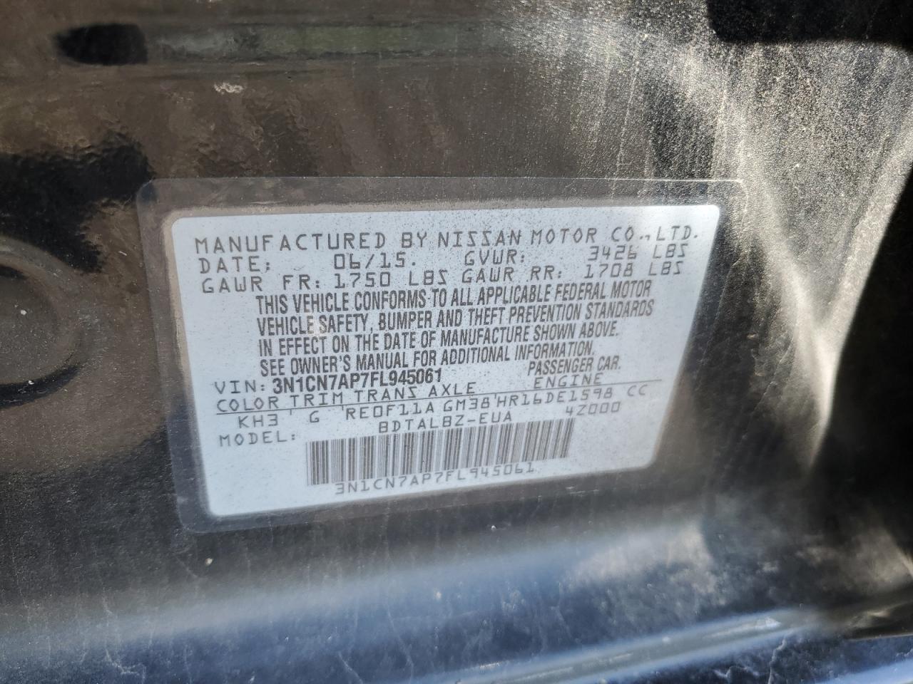 3N1CN7AP7FL945061 2015 Nissan Versa S