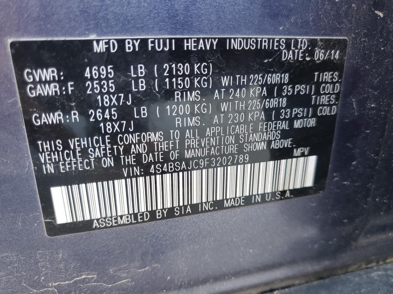 4S4BSAJC9F3202789 2015 Subaru Outback 2.5I Limited