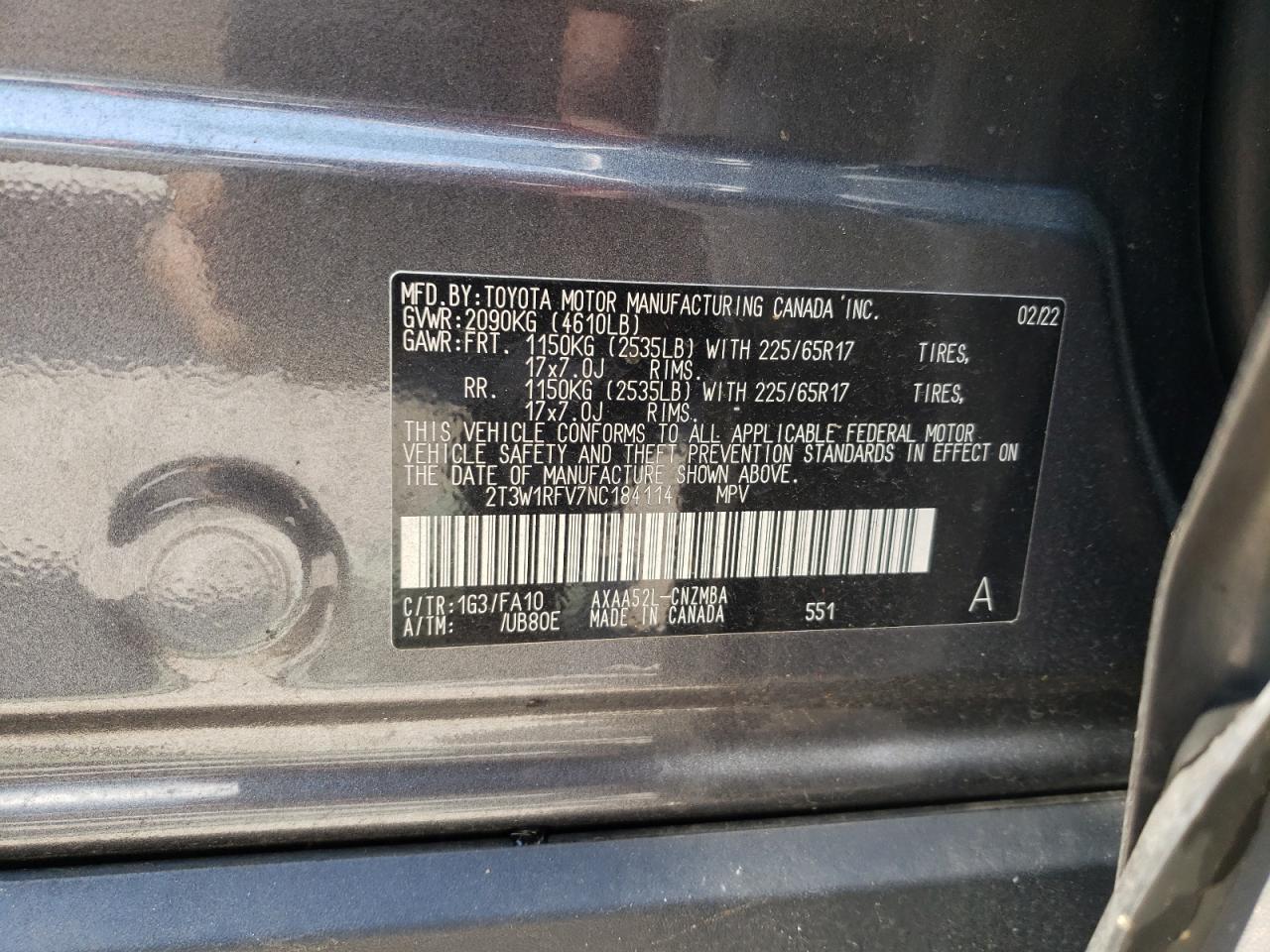 2T3W1RFV7NC184114 2022 Toyota Rav4 Xle