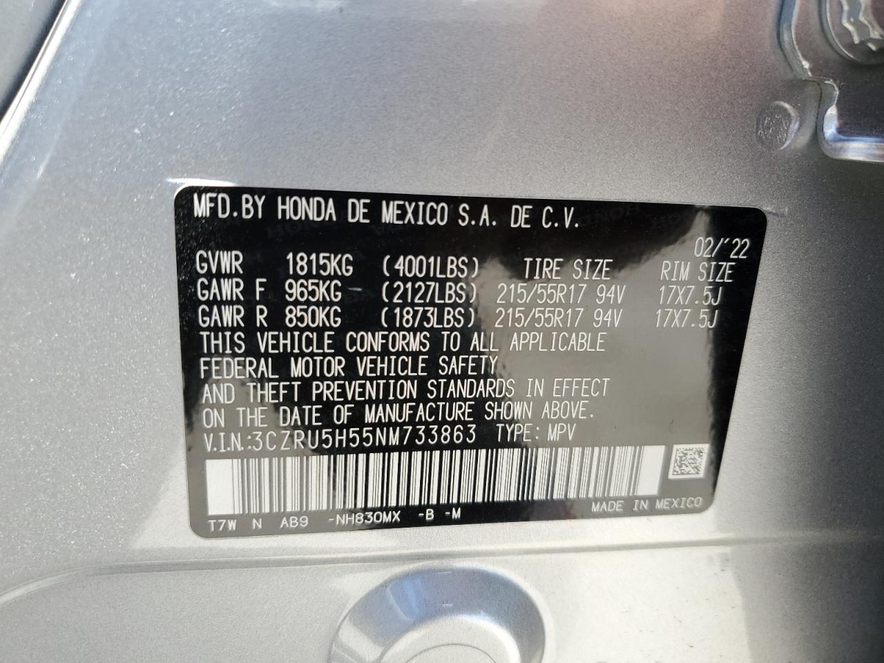 3CZRU5H55NM733863 2022 Honda Hr-V Ex