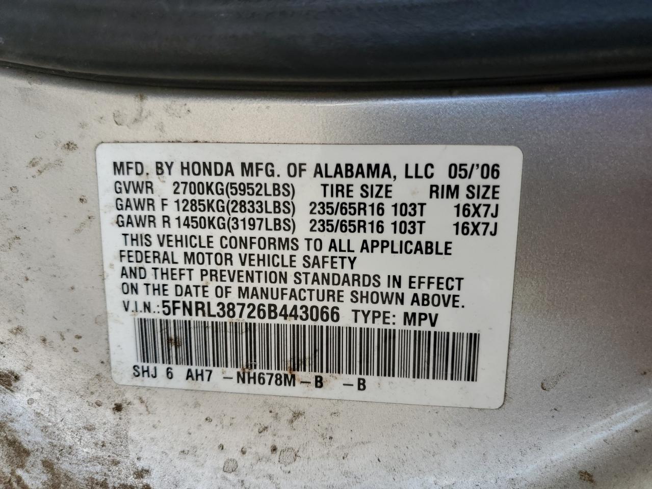 5FNRL38726B443066 2006 Honda Odyssey Exl