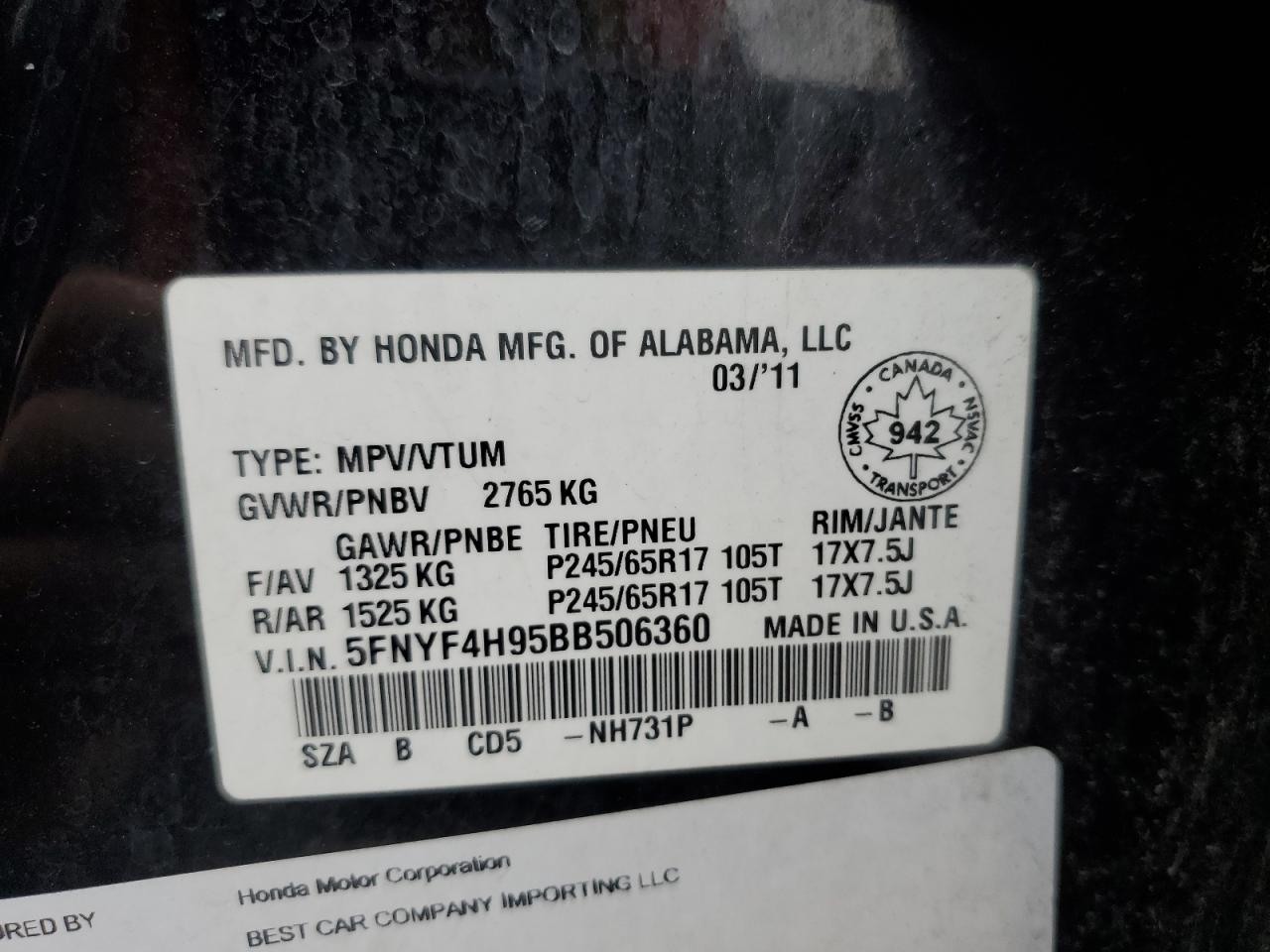 5FNYF4H95BB506360 2011 Honda Pilot Touring