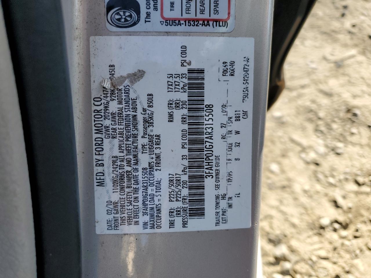 3FAHP0JG7AR315508 2010 Ford Fusion Sel