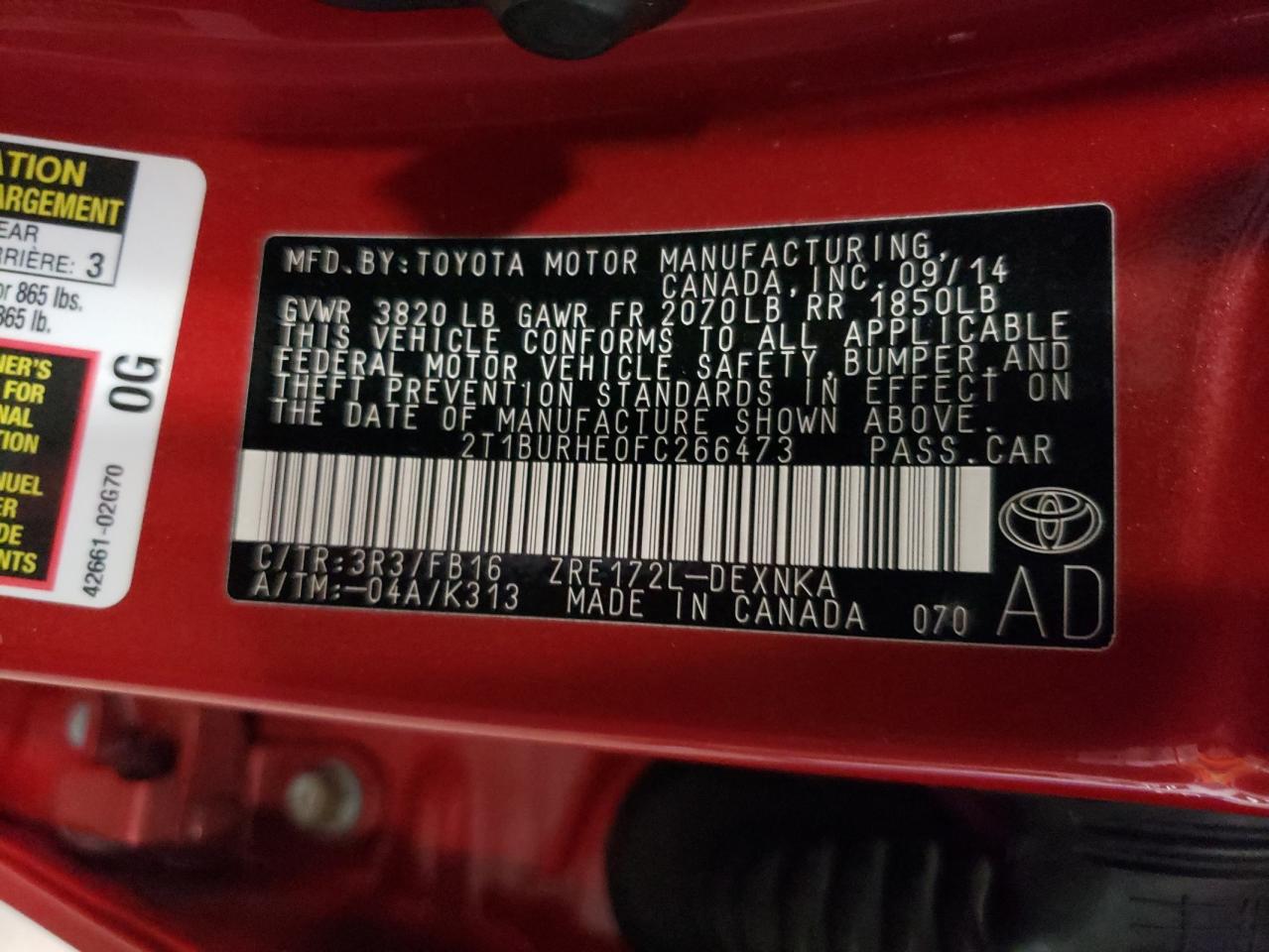 2T1BURHE0FC266473 2015 Toyota Corolla L