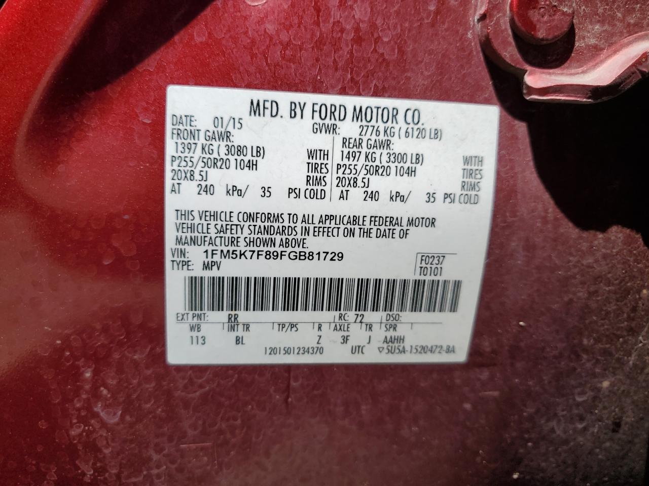 1FM5K7F89FGB81729 2015 Ford Explorer Limited