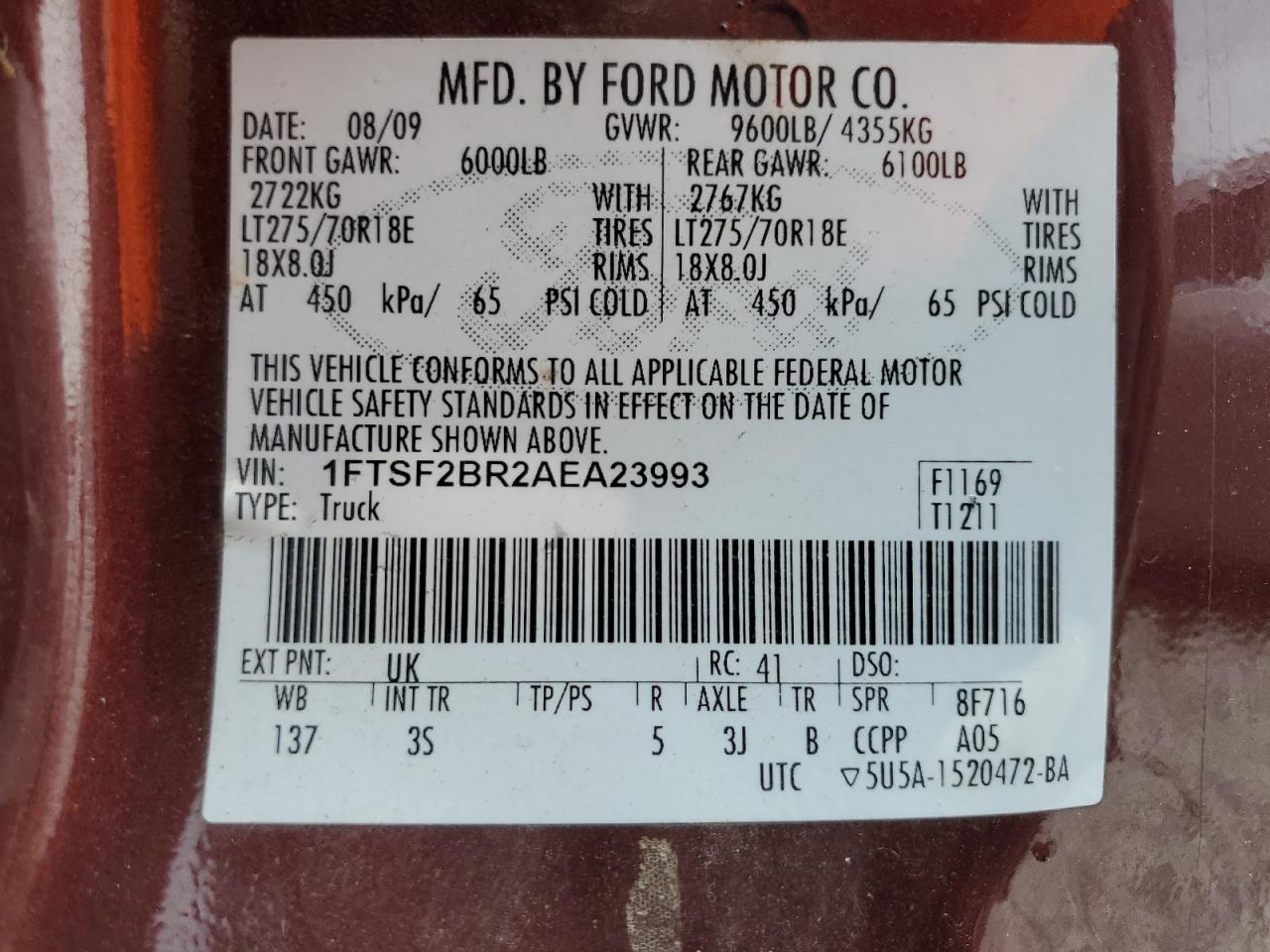 1FTSF2BR2AEA23993 2010 Ford F250 Super Duty