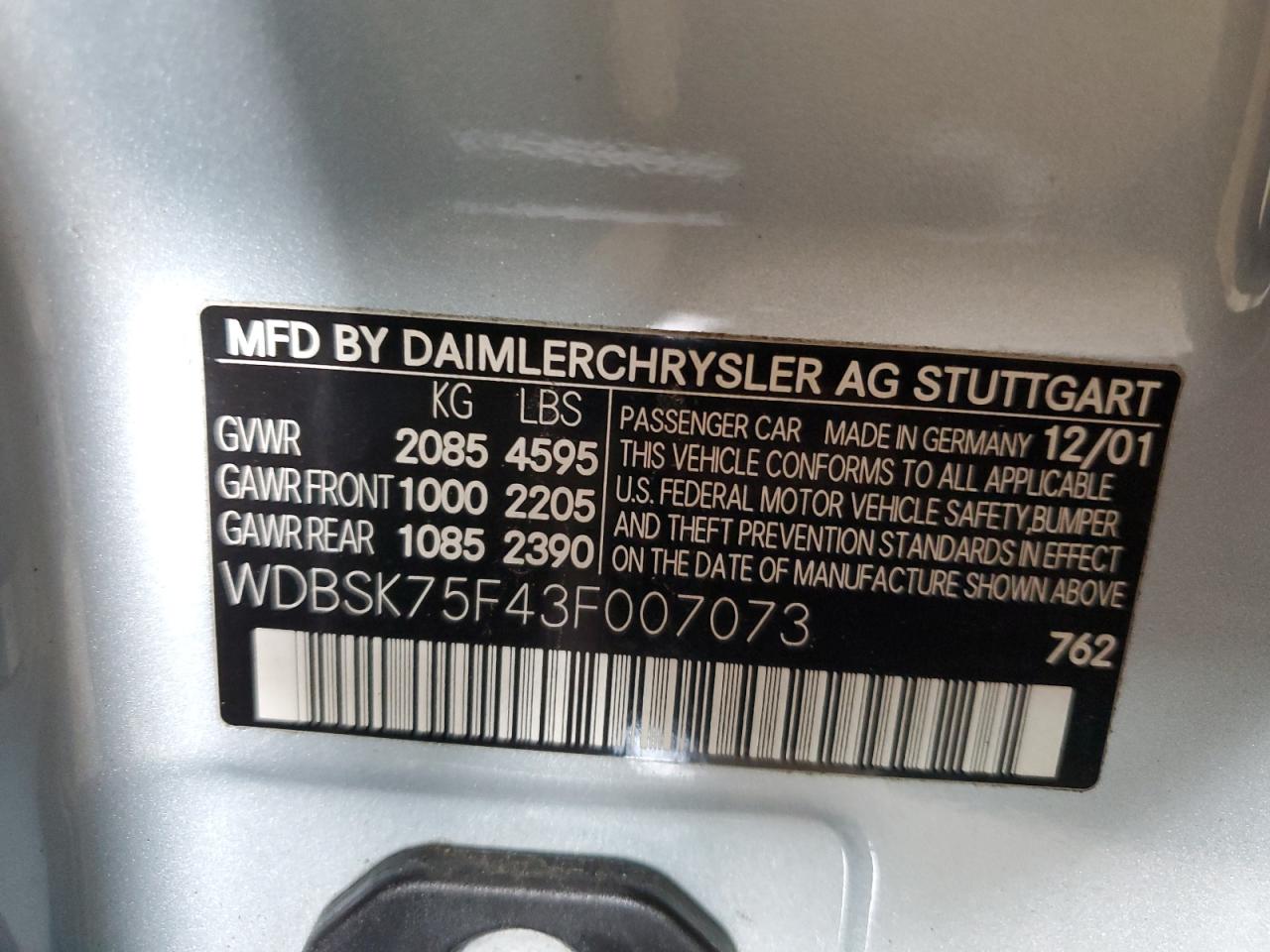 WDBSK75F43F007073 2003 Mercedes-Benz Sl 500R