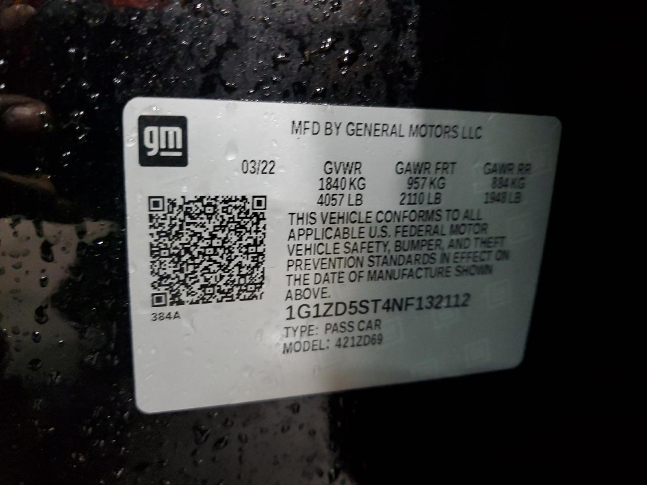 1G1ZD5ST4NF132112 2022 Chevrolet Malibu Lt