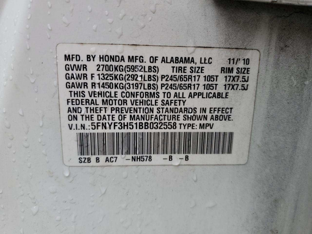 5FNYF3H51BB032558 2011 Honda Pilot Exl