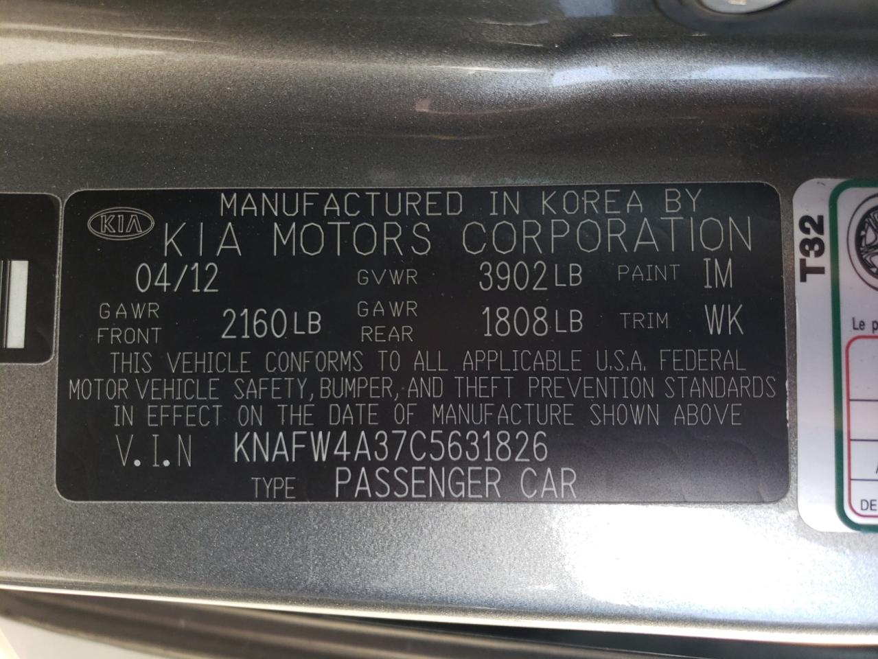 KNAFW4A37C5631826 2012 Kia Forte Sx