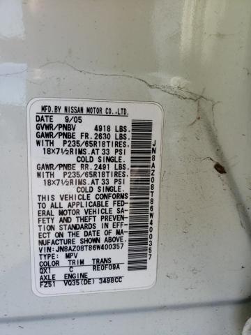 2006 Nissan Murano Sl VIN: JN8AZ08T86W400357 Lot: 59504904