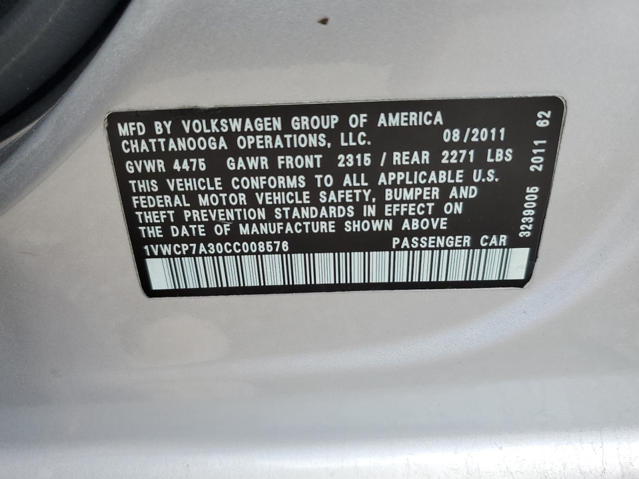 1VWCP7A30CC008576 2012 Volkswagen Passat Sel