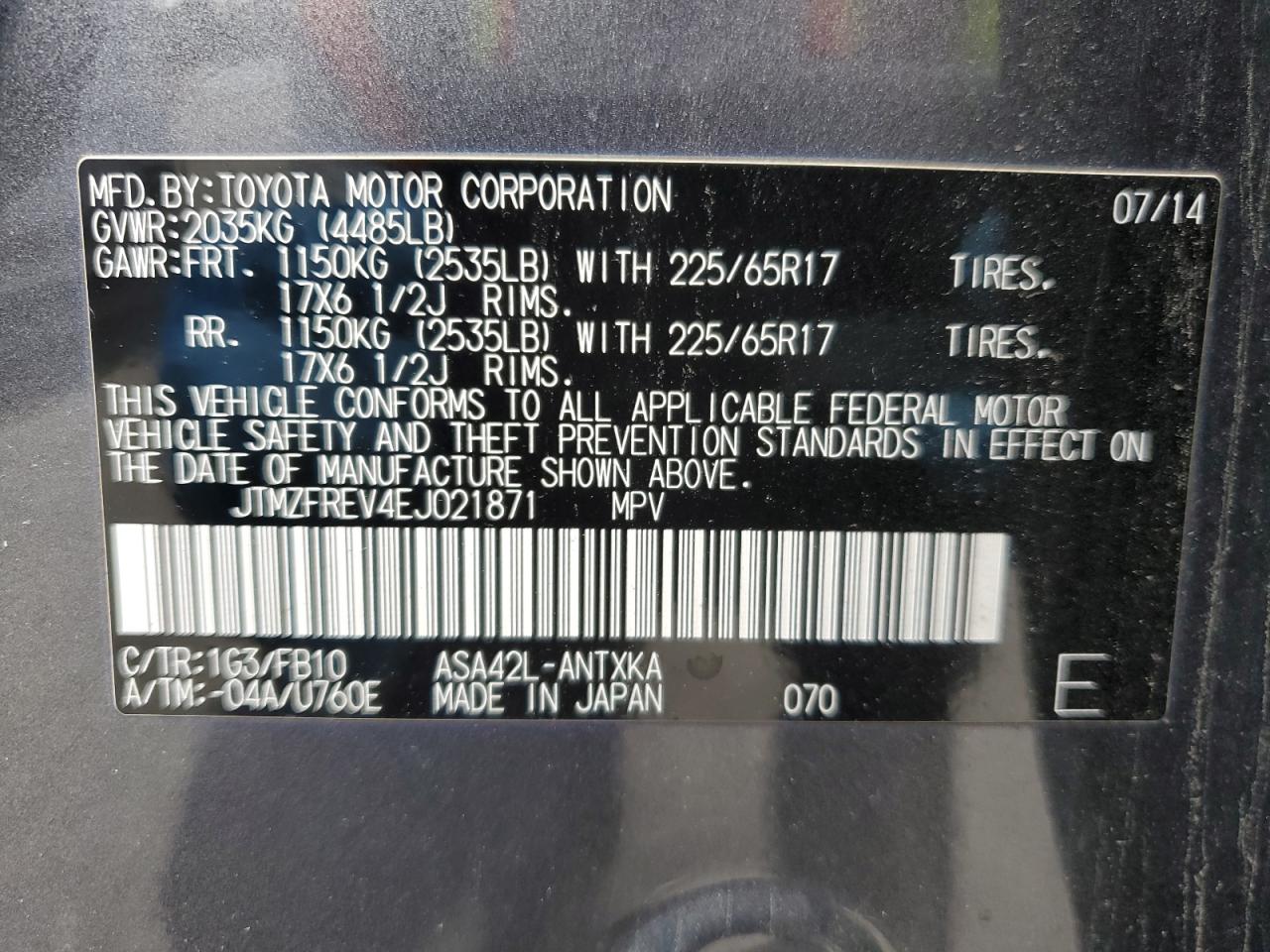 2014 Toyota Rav4 Le vin: JTMZFREV4EJ021871