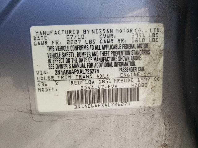 2010 Nissan Sentra 2.0 VIN: 3N1AB6APXAL726274 Lot: 60743504