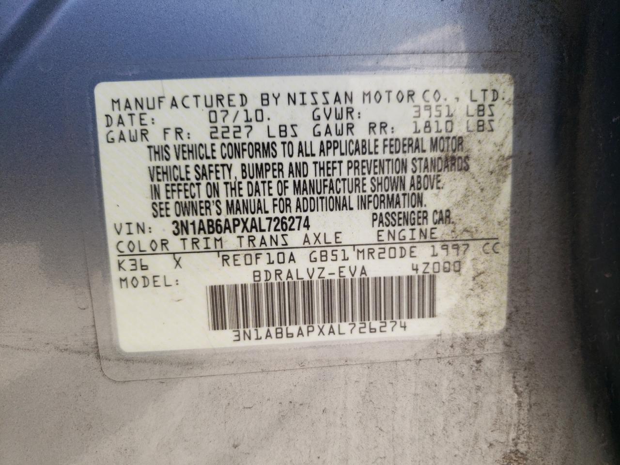 3N1AB6APXAL726274 2010 Nissan Sentra 2.0