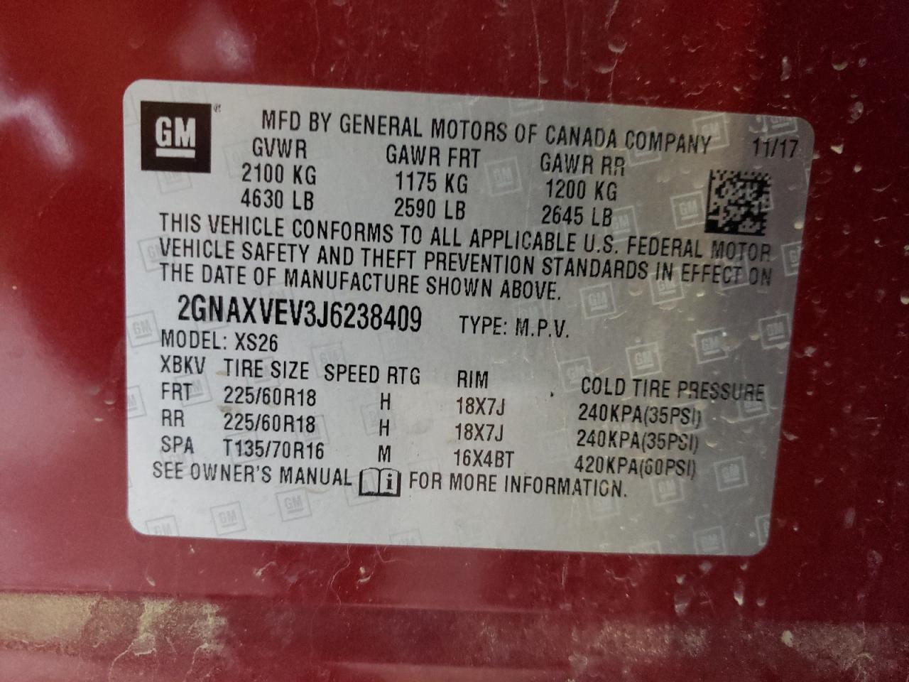 2GNAXVEV3J6238409 2018 Chevrolet Equinox Premier