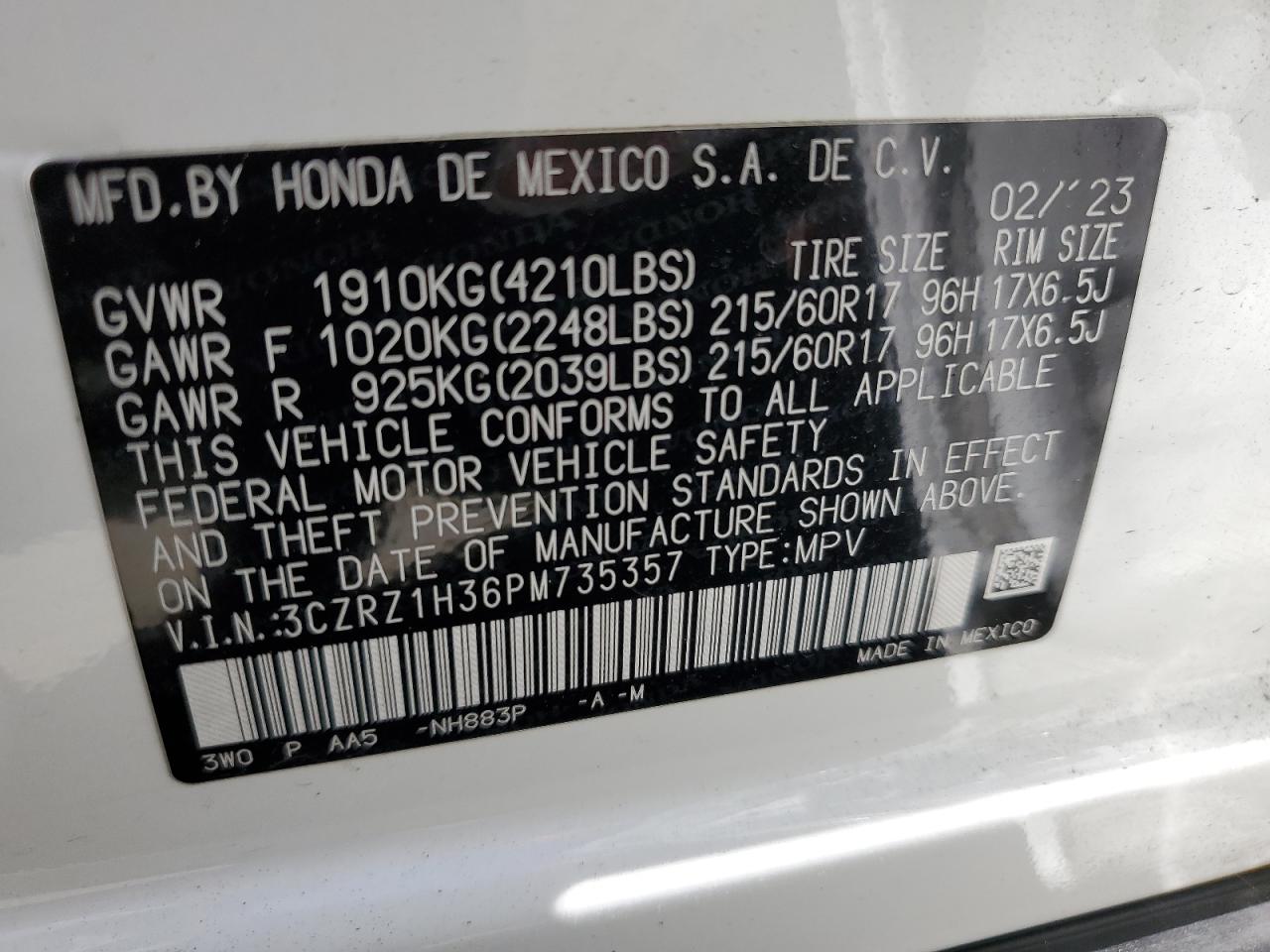 3CZRZ1H36PM735357 2023 Honda Hr-V Lx