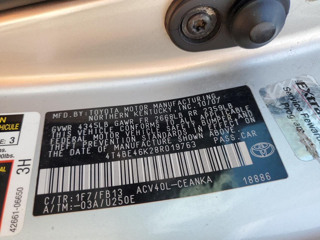 4T4BE46K28R019763 2008 Toyota Camry Ce