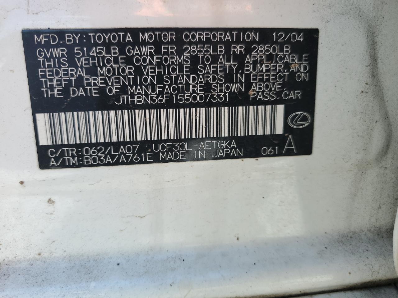 JTHBN36F155007331 2005 Lexus Ls 430