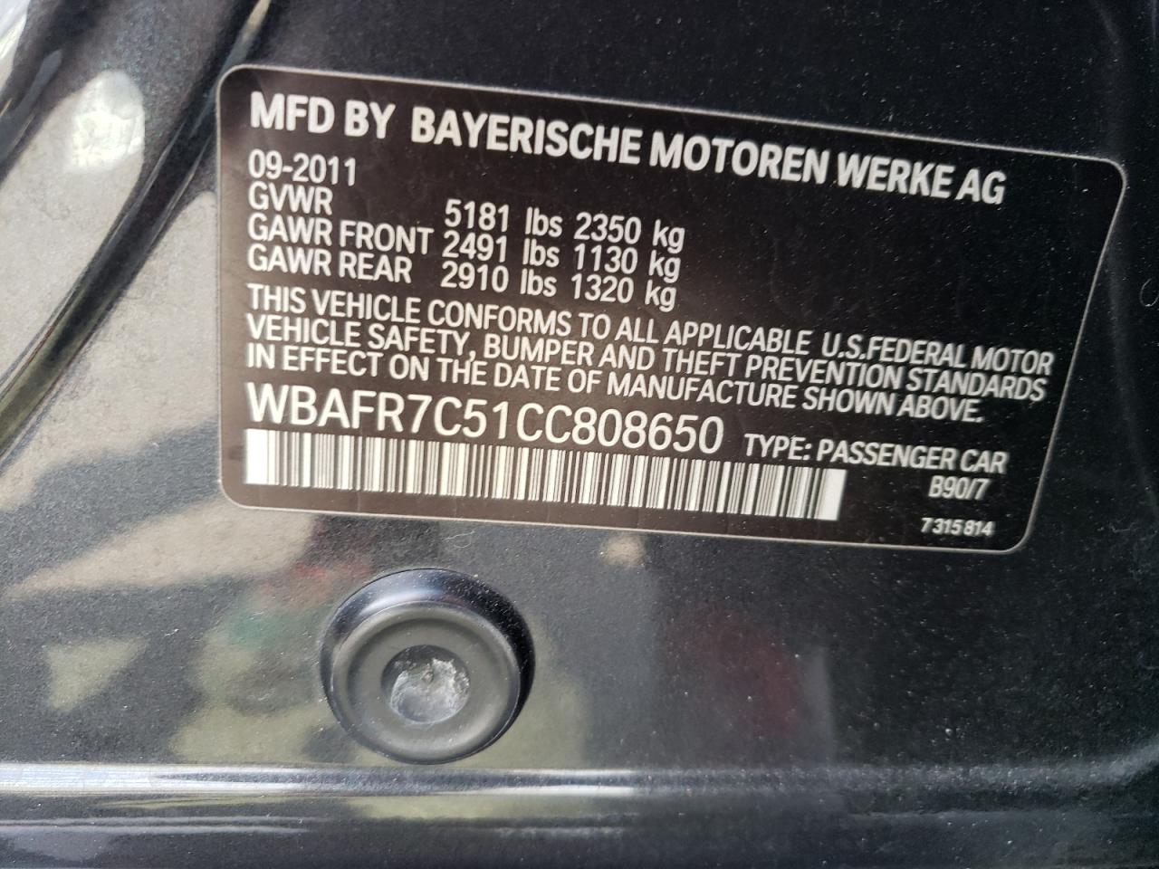 WBAFR7C51CC808650 2012 BMW 535 I
