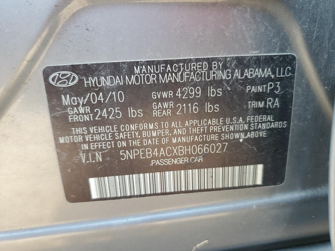 5NPEB4ACXBH066027 2011 Hyundai Sonata Gls