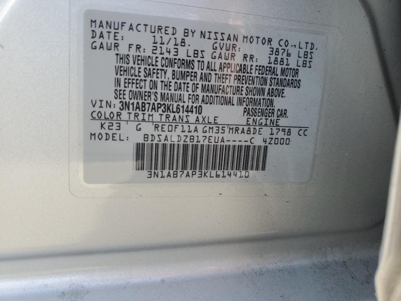 3N1AB7AP3KL614410 2019 Nissan Sentra S