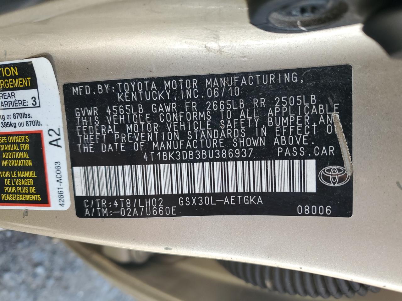 4T1BK3DB3BU386937 2011 Toyota Avalon Base