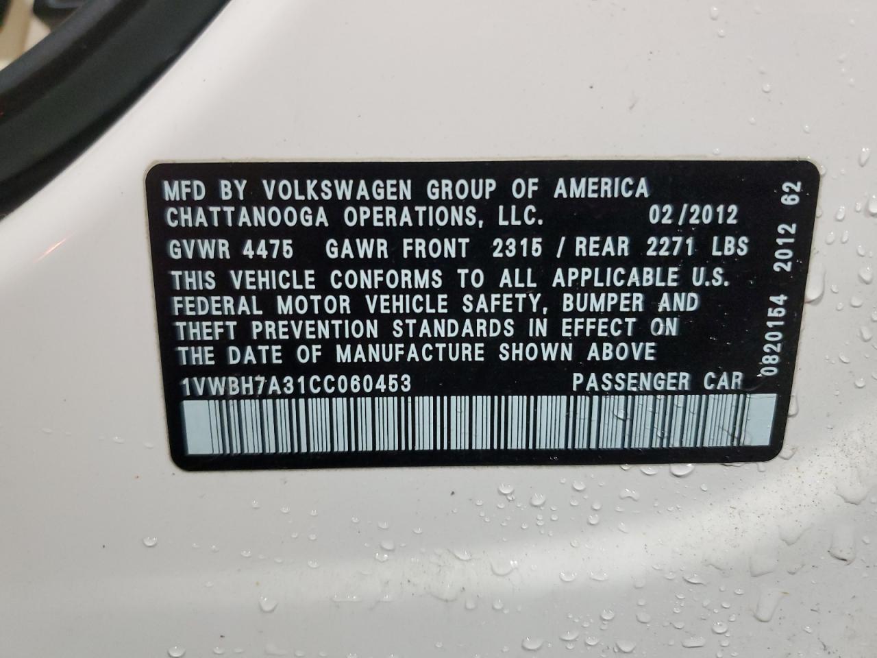 1VWBH7A31CC060453 2012 Volkswagen Passat Se