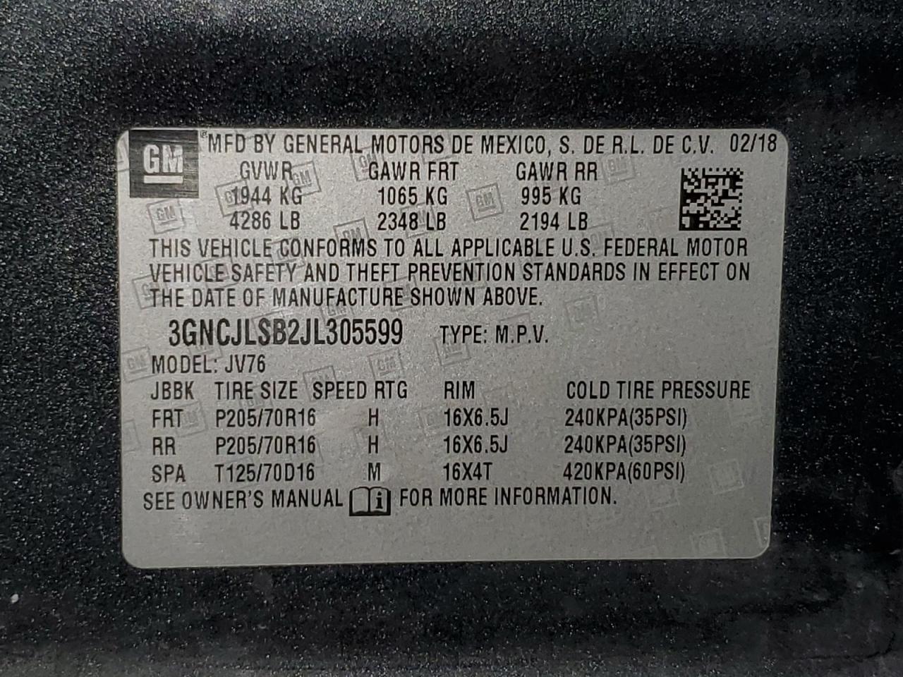 3GNCJLSB2JL305599 2018 Chevrolet Trax 1Lt